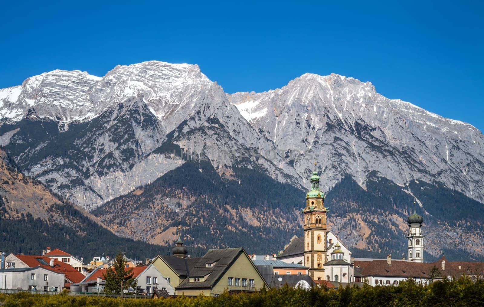 Cityscape of Hall in Tirol and the Karwendel mountain range (Austria)