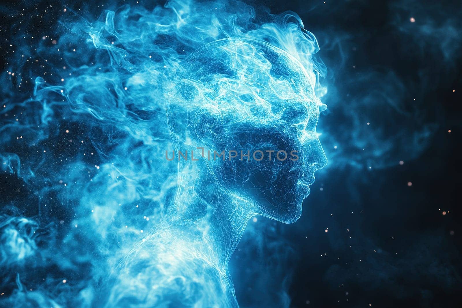 Silhouette of a man in clouds of smoke with neural connections on a dark blue background.