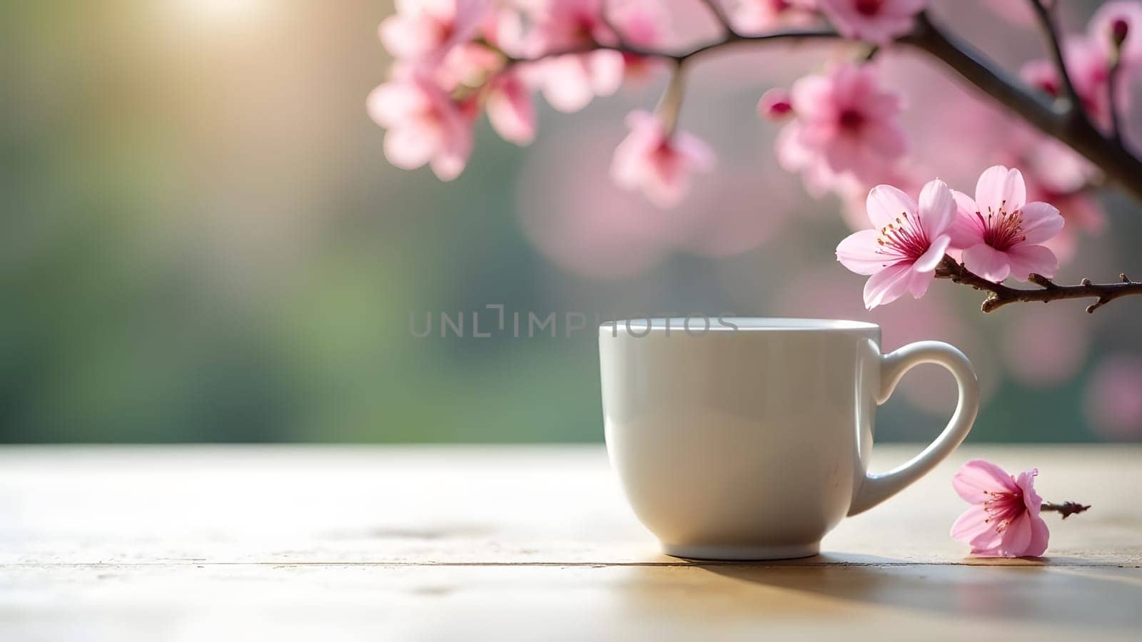 On the left, a branch of cherry blossoms in full bloom reaches toward the sky. The right side is open, featuring a clear blue sky with a soft texture, making it an ideal background for text. The image evokes a sense of calm and renewal. High quality photo