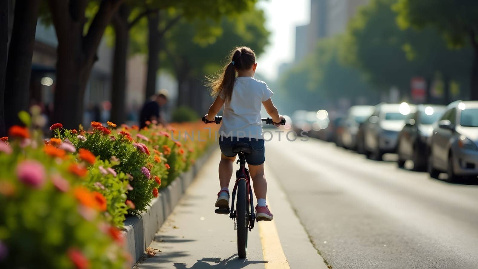 A young girl rides her bicycle along a charming city street lined with blooming bushes. The warm spring air and soft sunlight make the ride feel refreshing and joyful. As she pedals forward, she enjoys the peaceful beauty of the season. High quality photo