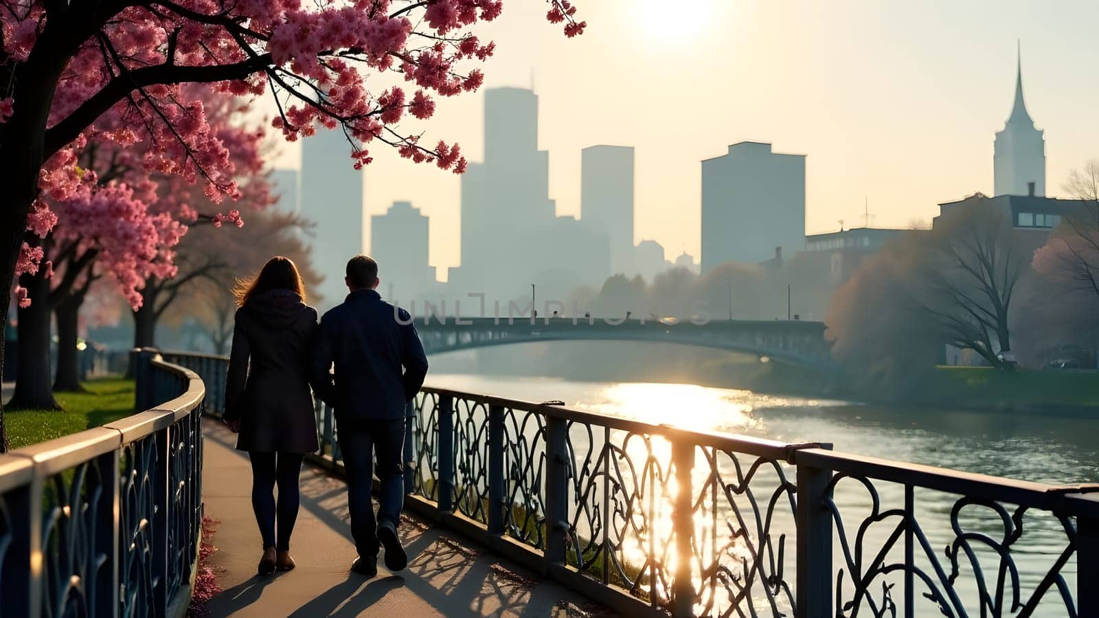 A couple stands on a bridge, admiring the city skyline on a crisp spring morning. The air is fresh, and the trees below are in full bloom. As they take in the view, they share a quiet moment, enjoying the beauty of the season together. High quality photo