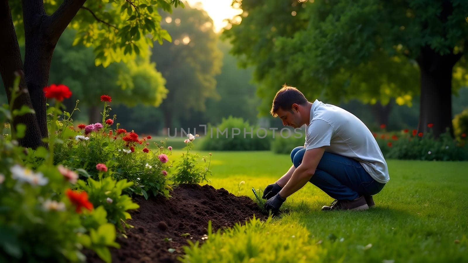 In front of his house, a man tends to his garden, planting colorful flowers with care. The greenery of a nearby park provides a scenic backdrop. The fresh air, warm sun, and vibrant blooms make the perfect setting for a peaceful gardening session. High quality photo