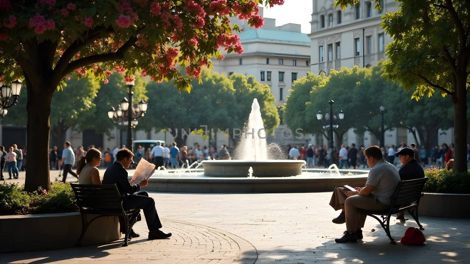 On a warm spring day, people gather in a city square. Some sit on benches reading newspapers, while others watch the flowing fountains. The air is filled with the scent of blooming trees, creating a relaxing and picturesque scene in the heart of the bustling city. High quality photo