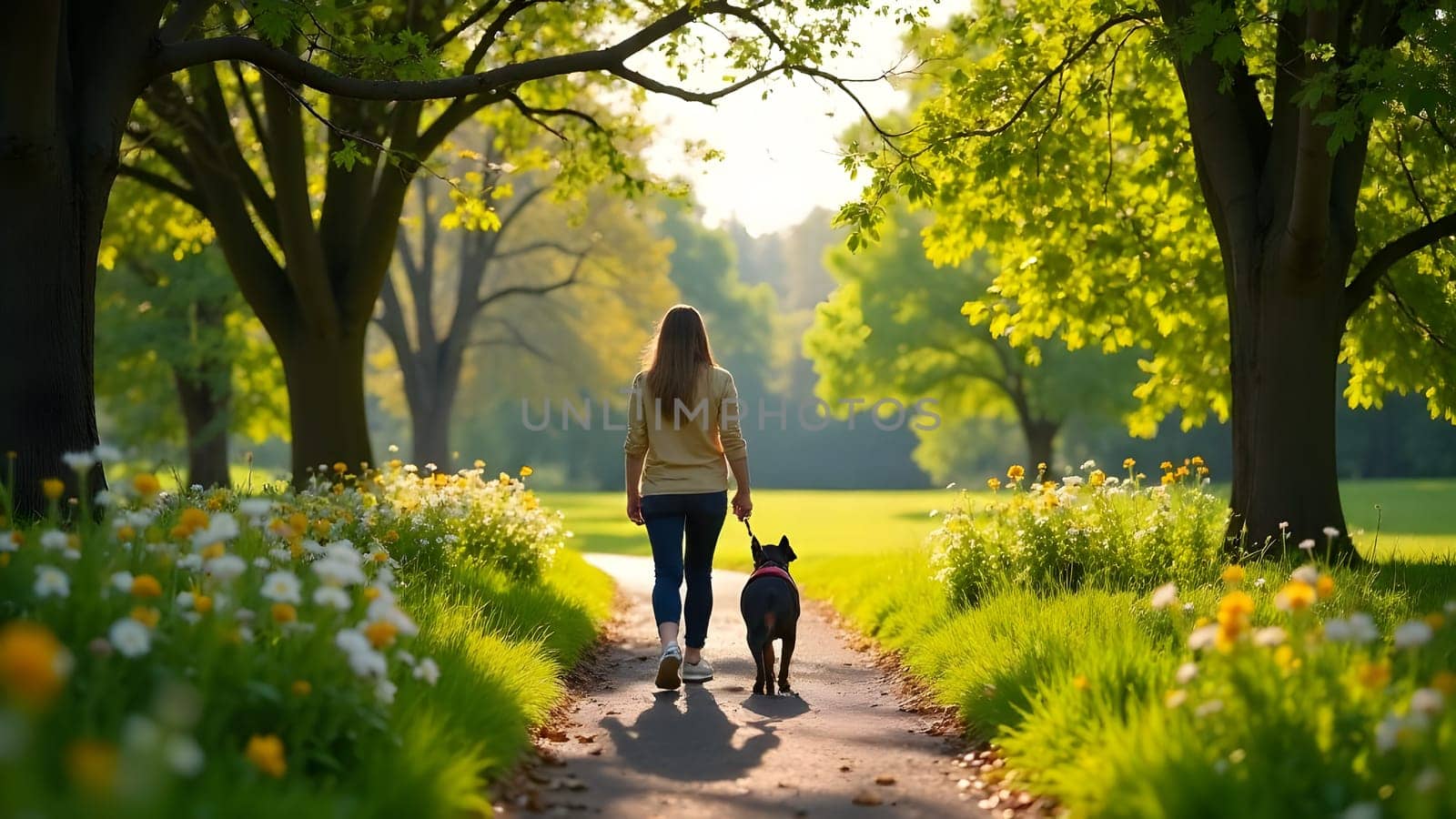 A woman walks her dog along a peaceful park path, enjoying the fresh spring air. The trees and flowers around her are in full bloom, creating a colorful and lively atmosphere. The bright blue sky above adds to the beauty of the moment. High quality photo
