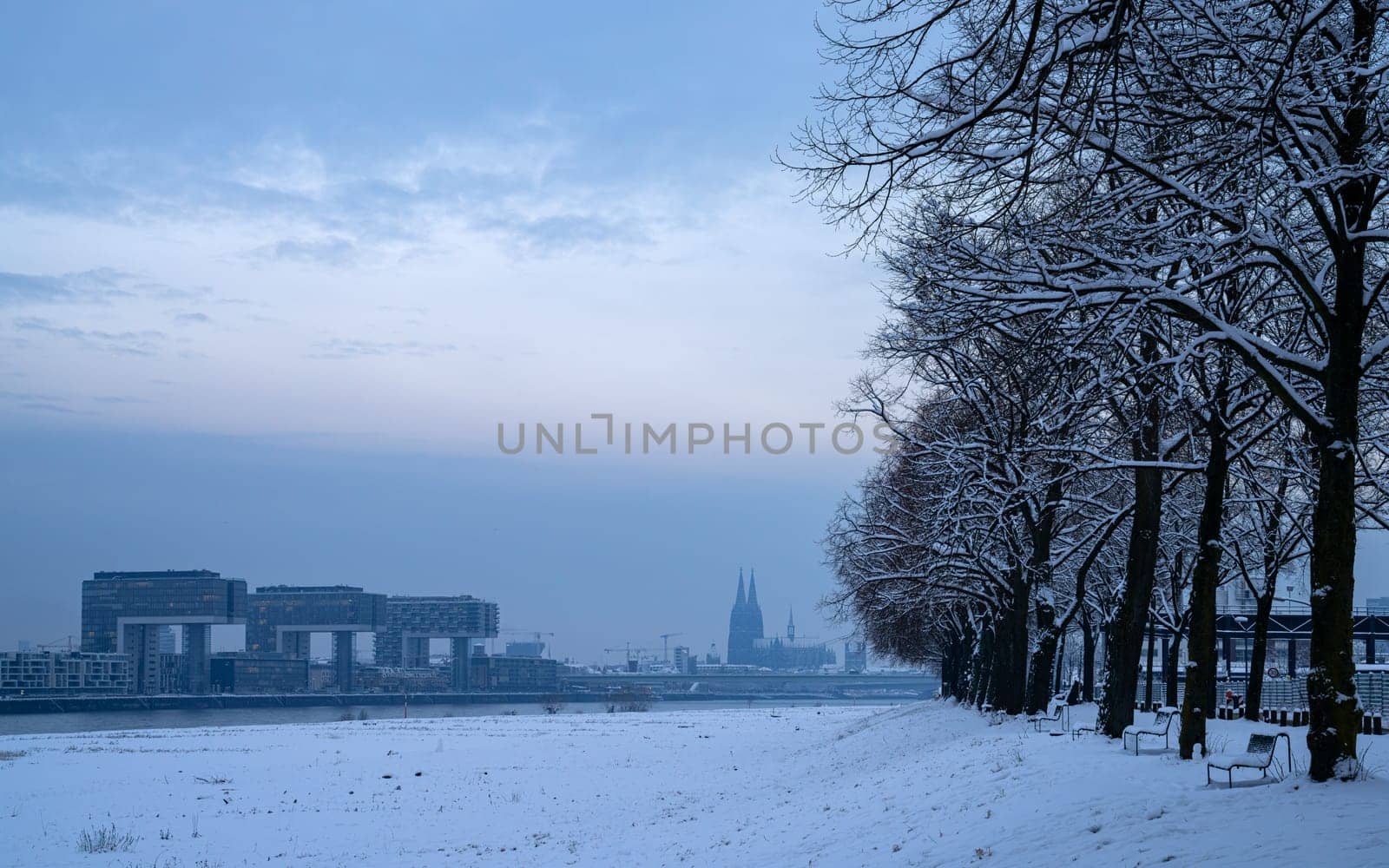 Cologne, Germany - January 18, 2024: Panoramic image of Cologne during wintertime on January 18, 2024 in Germany, Europe