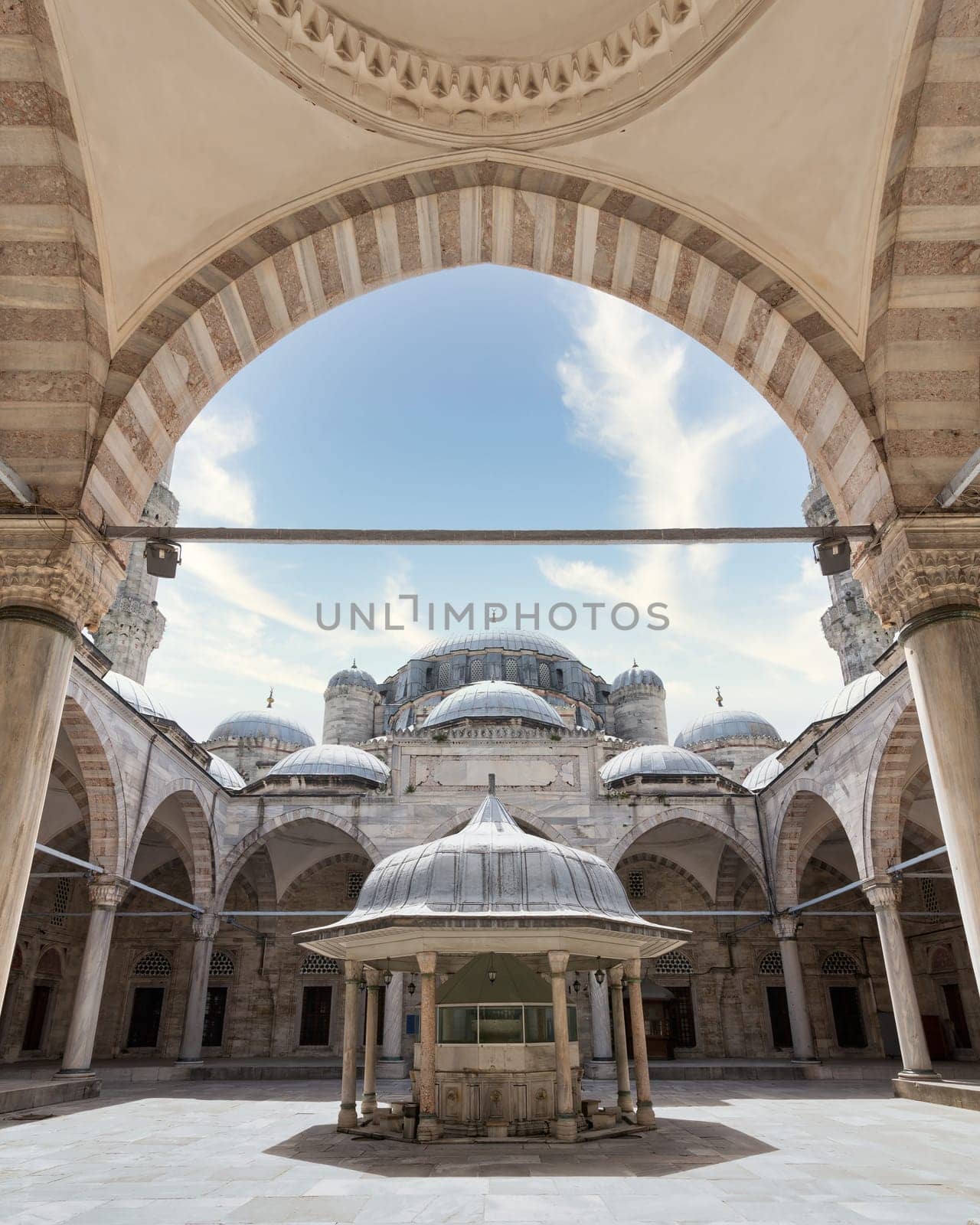 Courtyard of Sehzade Mosque, or Sehzade Camii, a 16th century Ottoman imperial mosque commissioned by Suleiman the Magnificent, located in the district of Fatih, on the third hill of Istanbul, Turkey