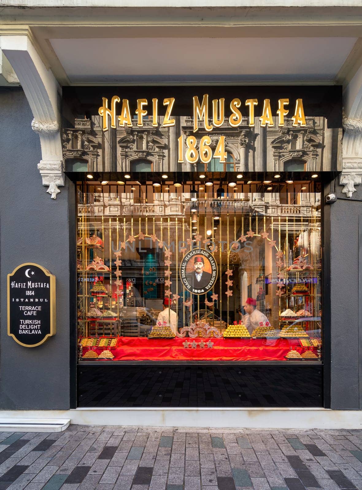 Istanbul, Turkey - May 13, 2023: Display window of Hafiz Moustafa, an old traditional Turkish Delight shop, in Istiklal Street, near Taksim Square