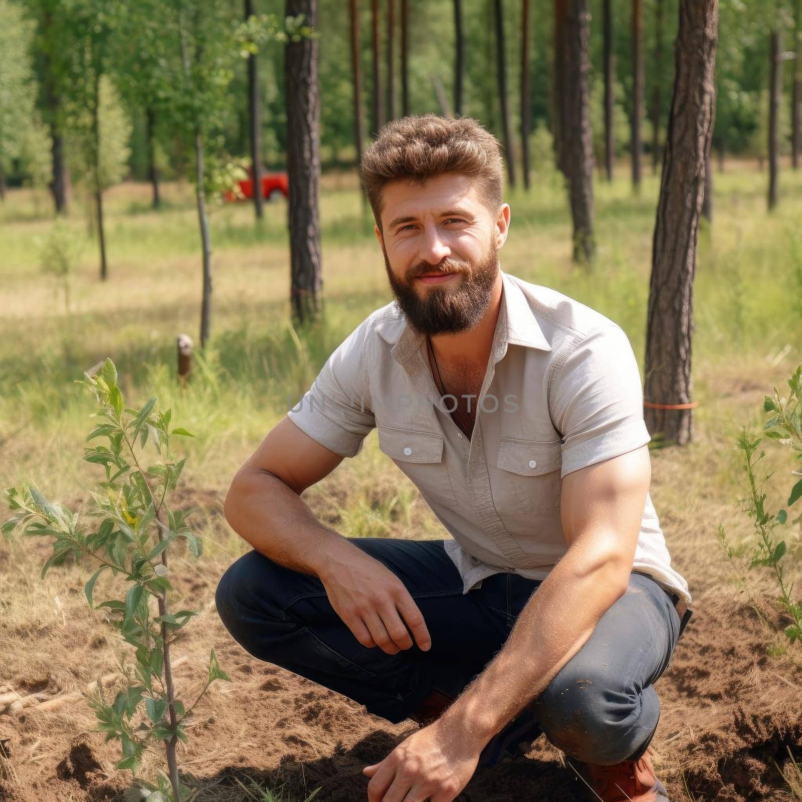 Handsome young man with a beard and mustache in a white shirt in the summer forest (ID: 001297)