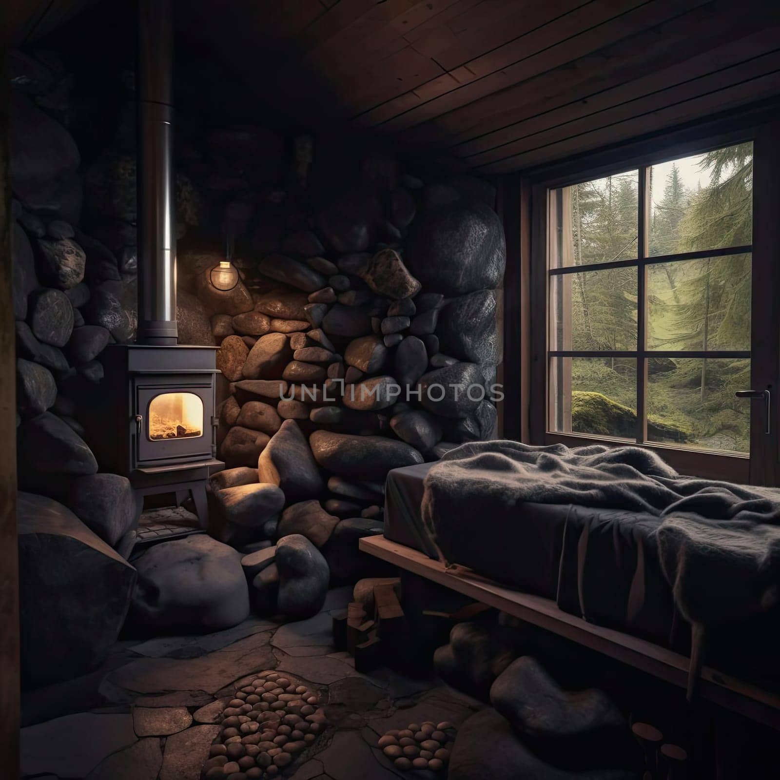 A wooden house with a fireplace (ID: 001299)