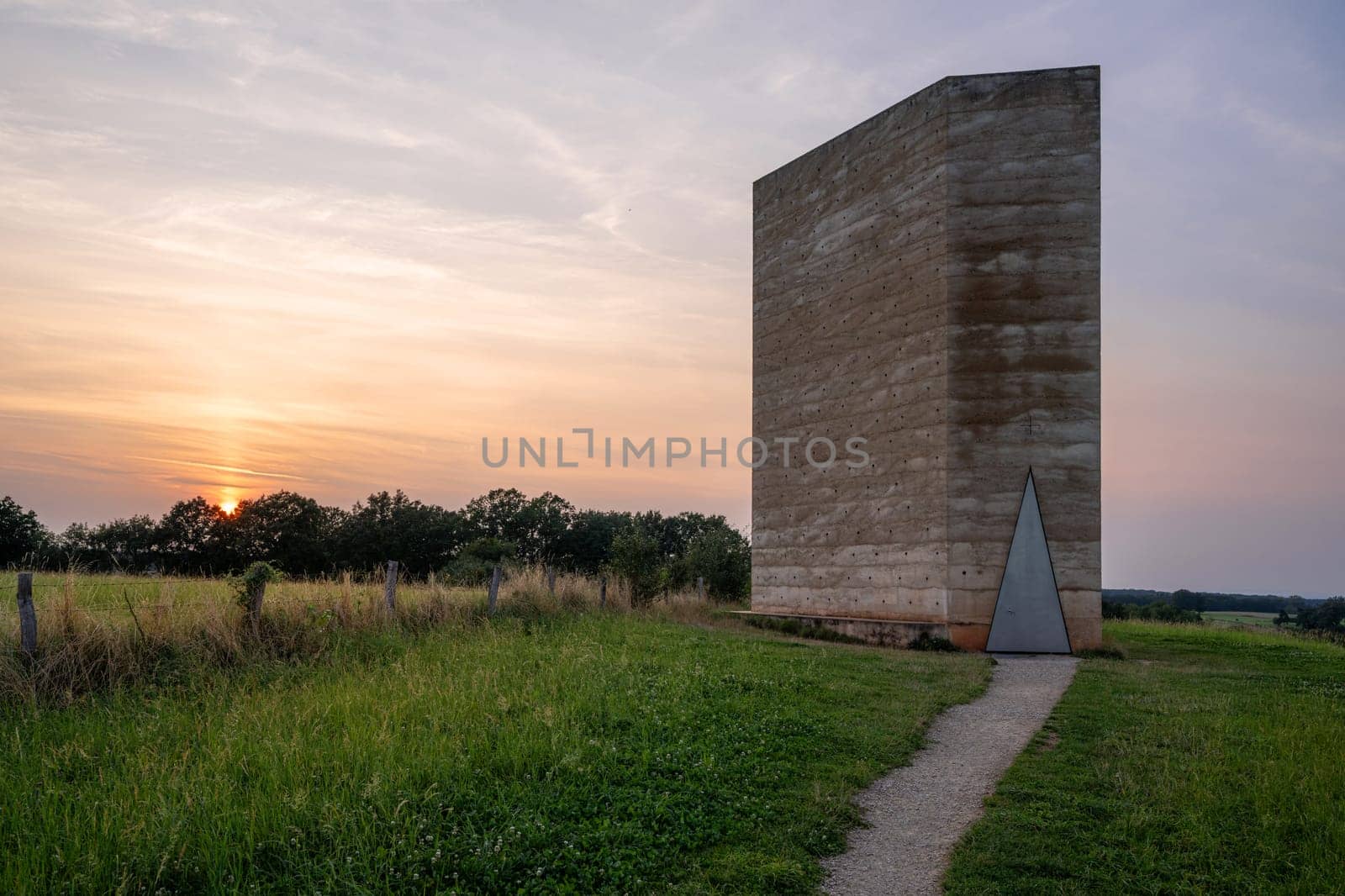 Mechernich, Germany - August 19, 2024: Panoramic image of Brother Klaus Field Chapel close to Mechernich on August 19, 2024 in North Rhine Westphalia, Germany