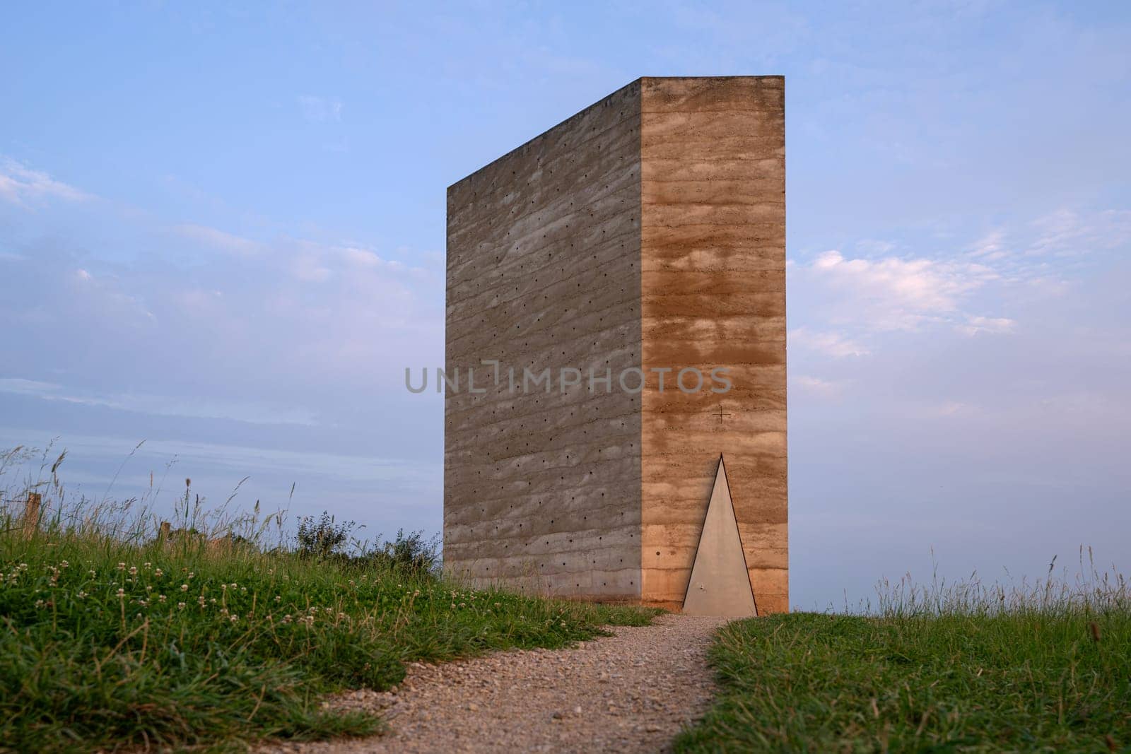 Mechernich, Germany - August 20, 2024: Panoramic image of Brother Klaus Field Chapel close to Mechernich on August 20, 2024 in North Rhine Westphalia, Germany