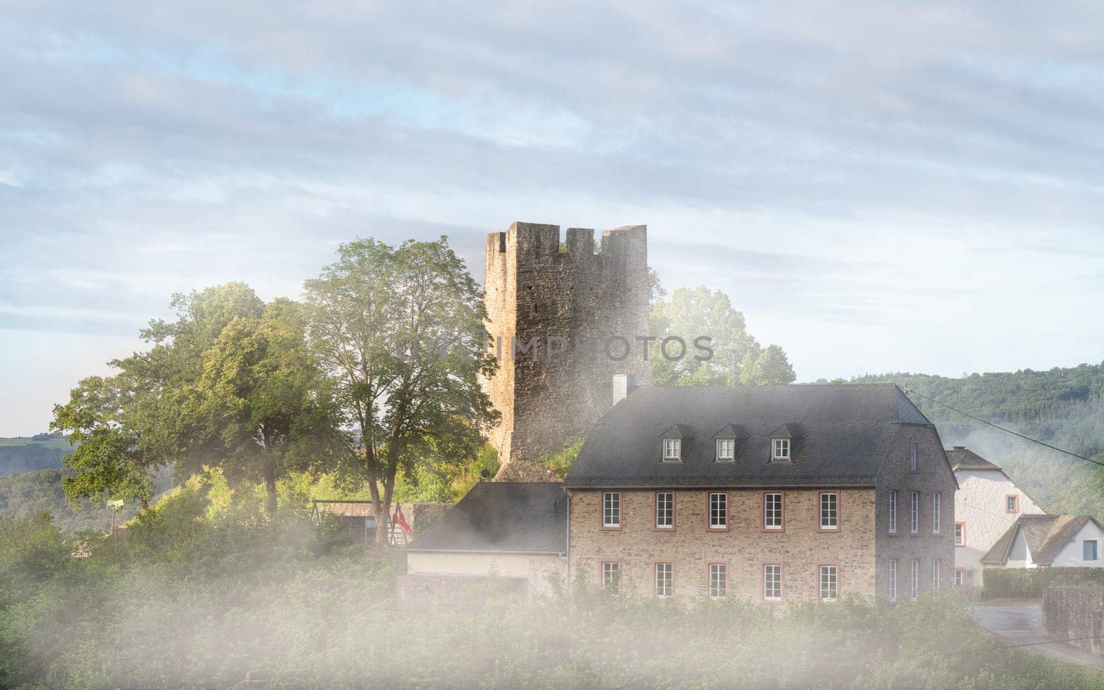 Dasburg, Germany - July 7, 2024: Panoramic image of old Dasburg castle on July 7, 2024 in Eifel, Germany