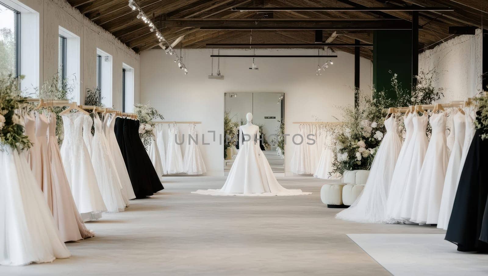 A bright showroom displays numerous elegant wedding gowns, showcasing various styles and fabrics for brides-to-be.