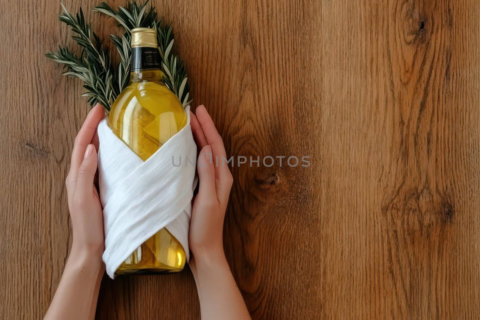 A person's hands gently hold a bottle of golden oil, wrapped in white fabric, with fresh rosemary sprigs.