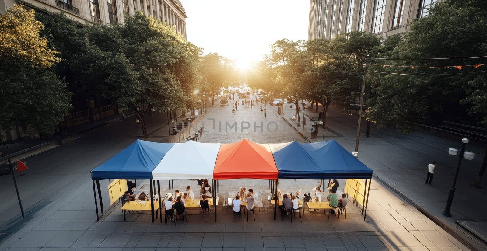 People dine al fresco under a striped canopy, enjoying a sunny city lunch.