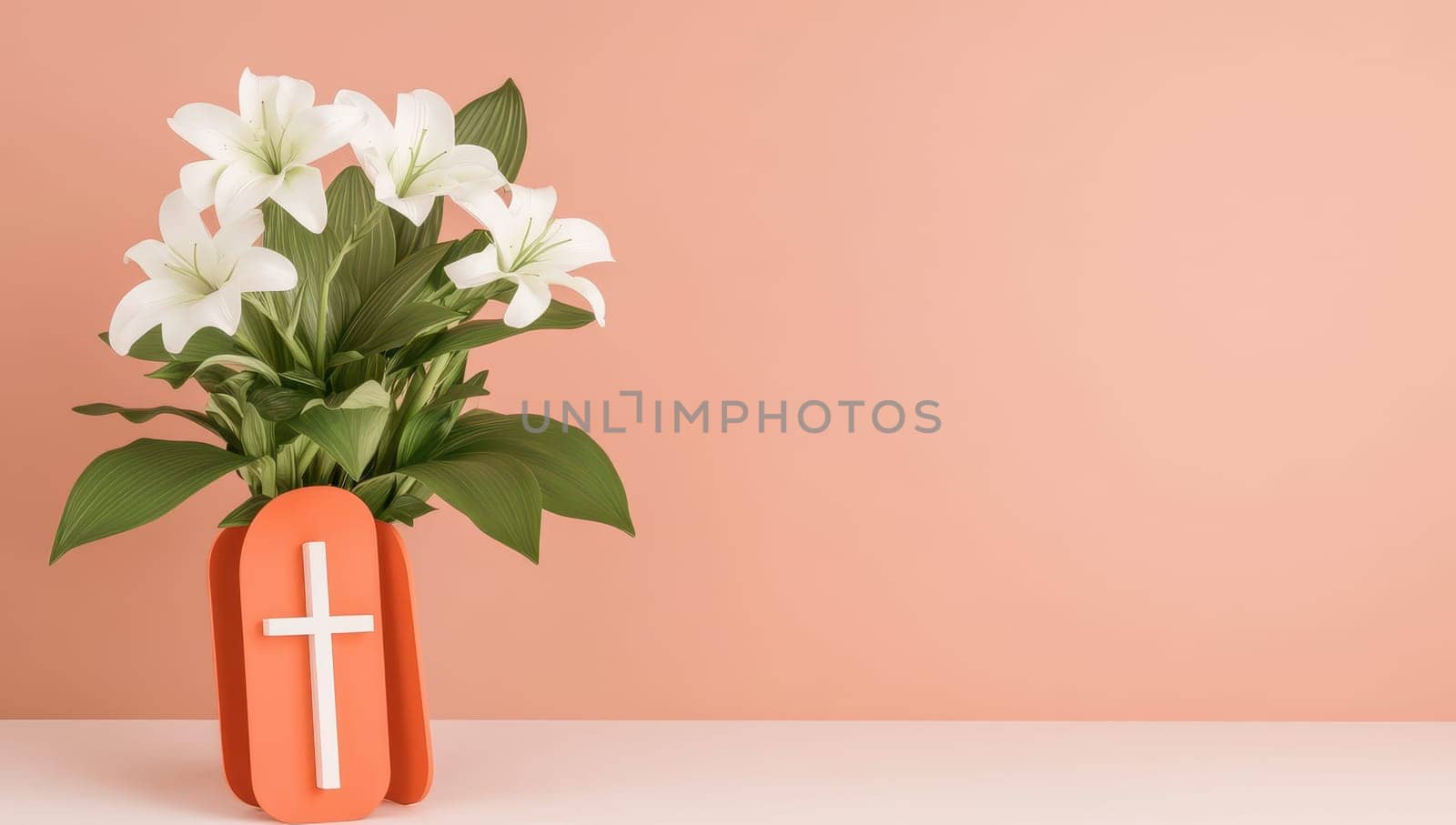 White lilies in an orange cross-shaped vase, a peaceful Easter or remembrance still life.