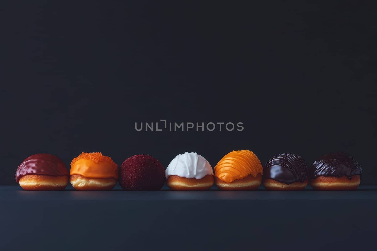 Six colorful mini donuts arranged in a row on a dark background, showcasing a variety of delicious icings and toppings.
