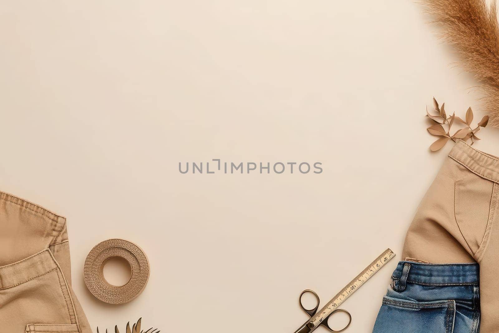 Beige and blue denim fabrics, sewing tools, and dried plants arranged on a neutral background, creating a stylish, minimalist flat lay composition ideal for fashion or crafting projects.