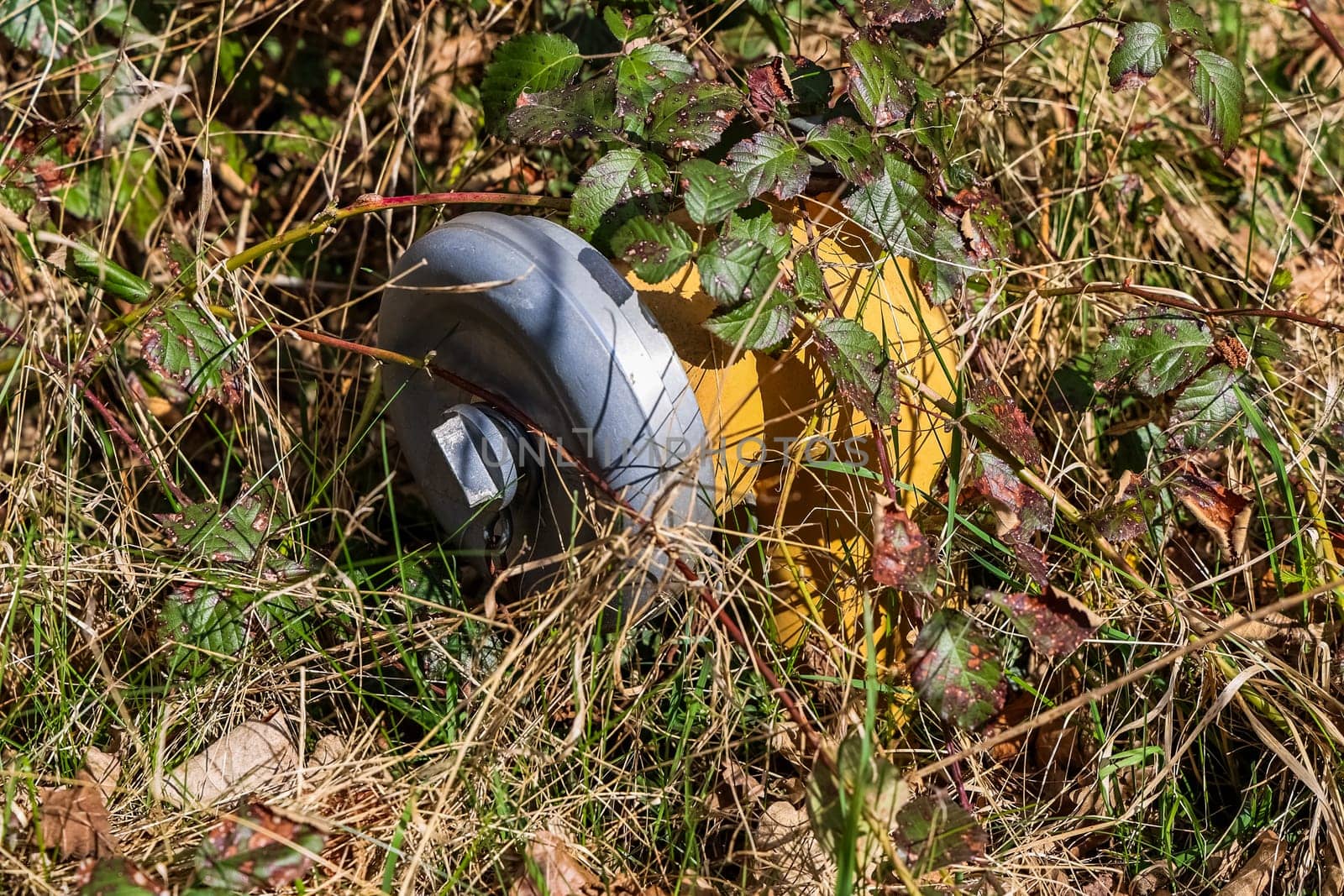 Close-up of a fire hydrant lying in the grass, highlighting environmental pollution from automotive waste
