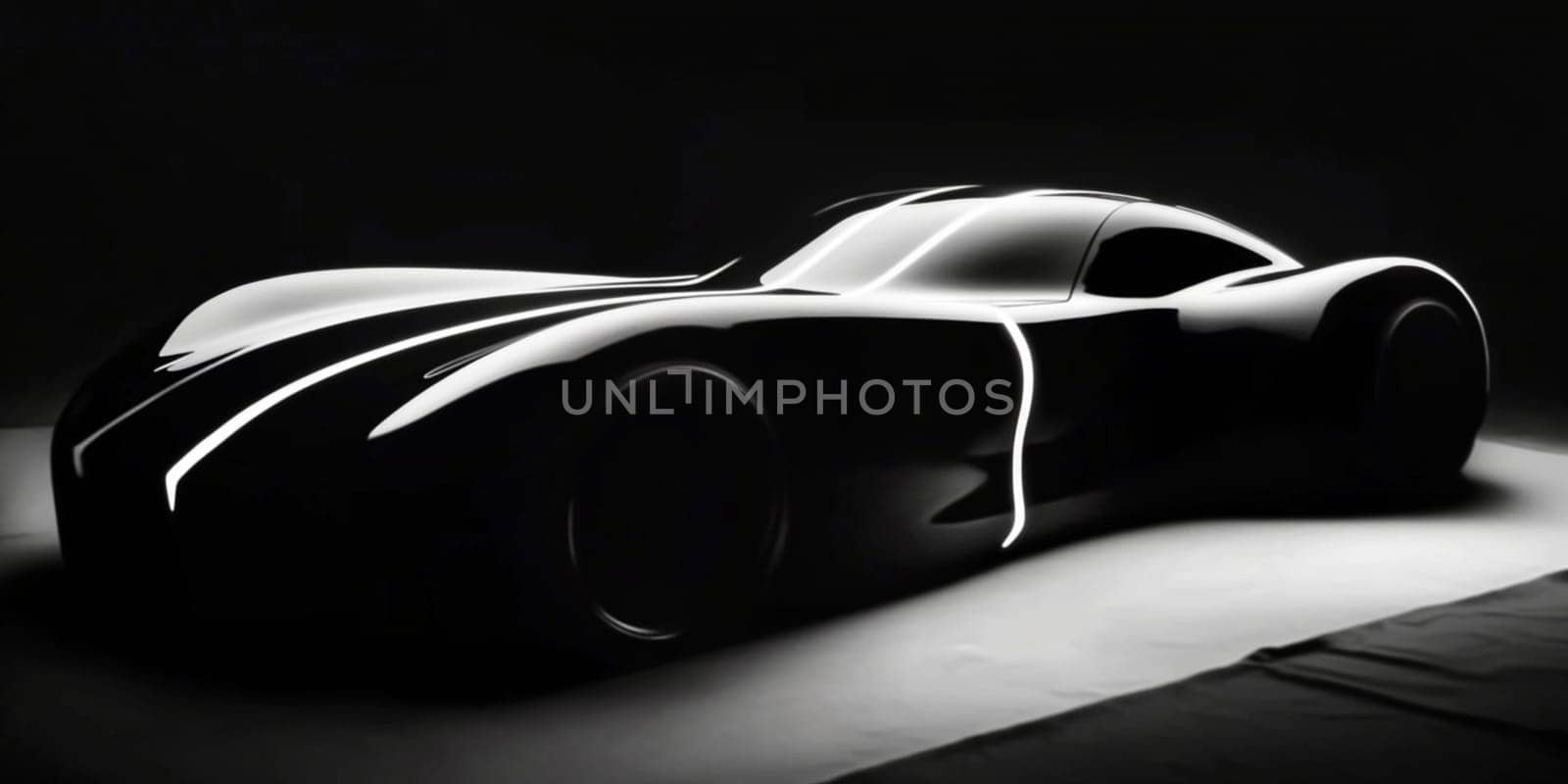 Sleek black sports car with glowing lights in a dim studio exudes power, elegance, and style, embodying speed and innovation in the automotive industry