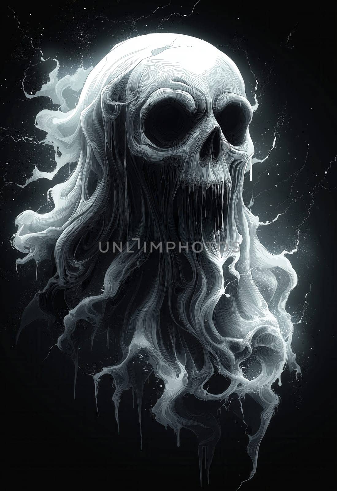 Evil ghost in the form of a skull on a dark background. Selective focus.