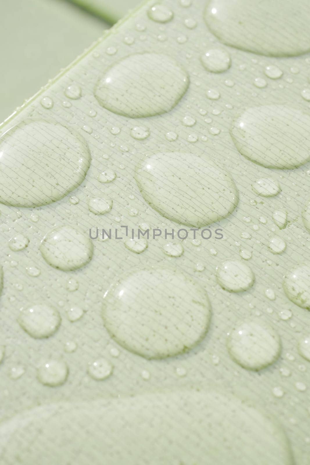 Water beads form a pattern on a green background, reflecting soft light.