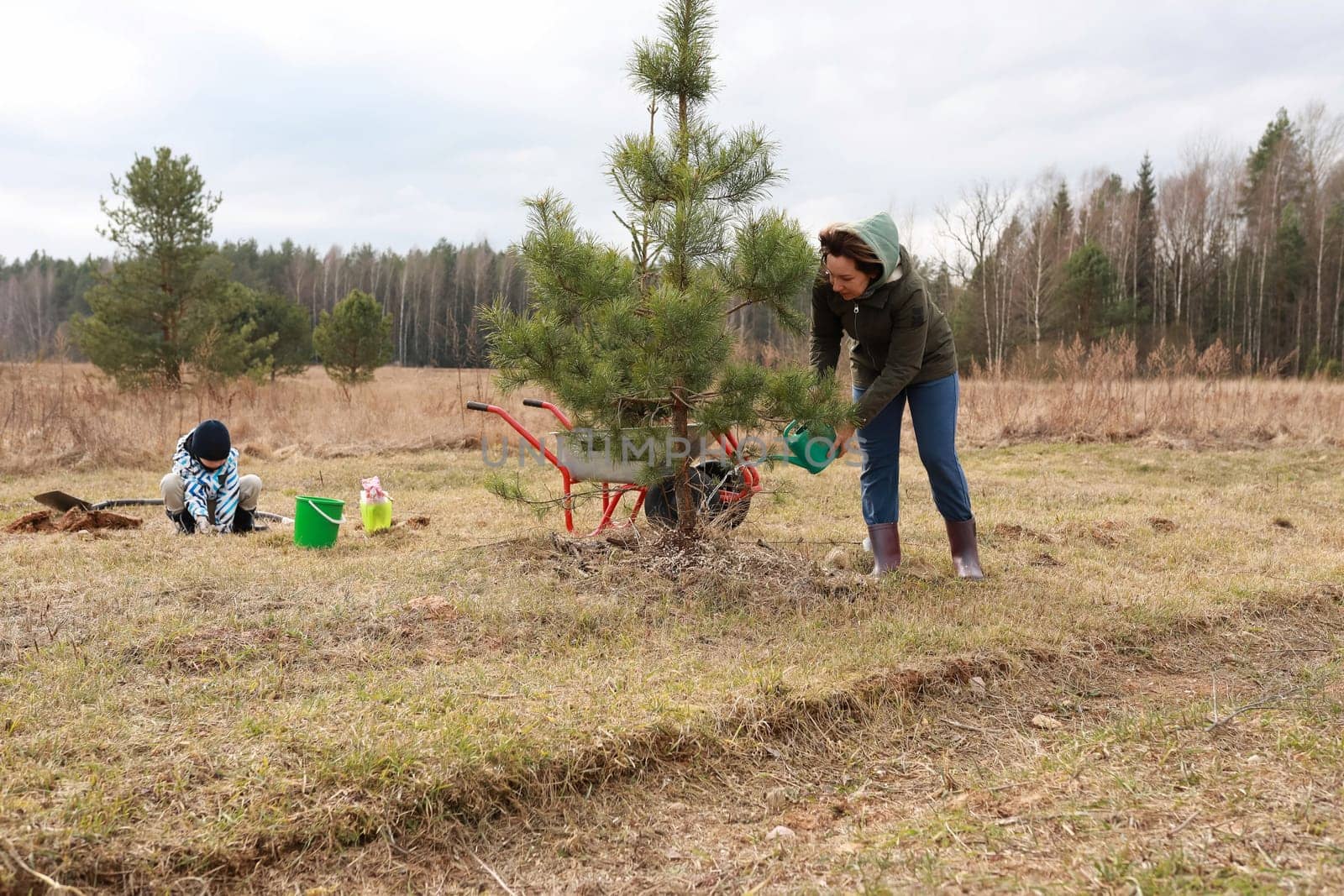 Two individuals engage in tree planting activities in a field. One adult waters a young tree while a child digs nearby, contributing to environmental conservation.