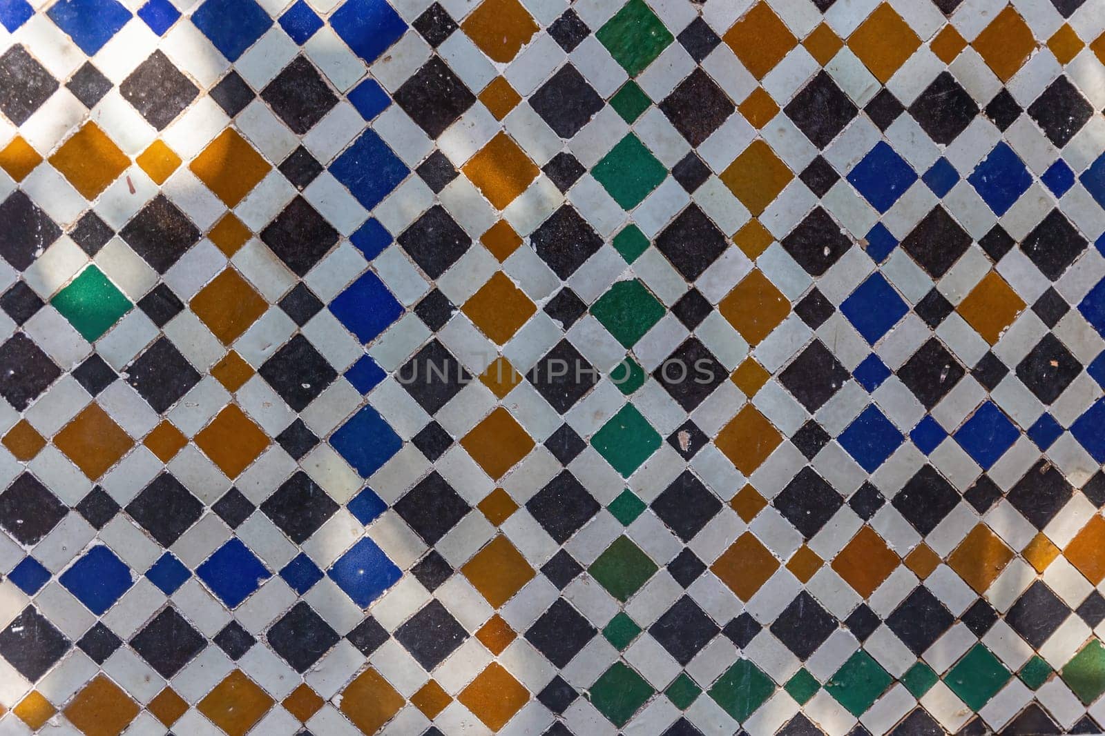Moroccan zellige mosaic tiling, Bahia Palace, Marrakech, Morocco. Horizontally. 