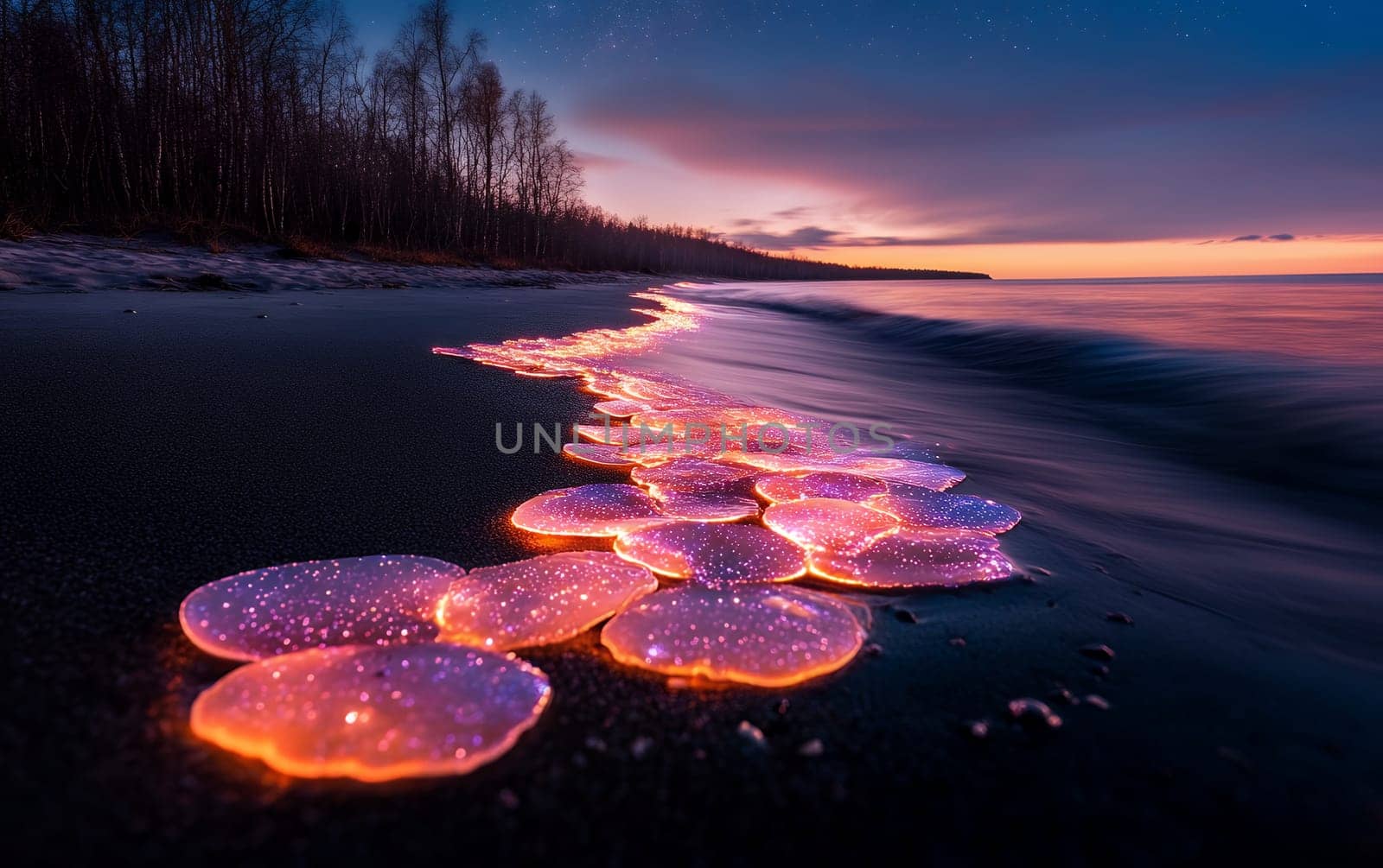 Glowing jellyfish on tranquil beach shore at sunset.