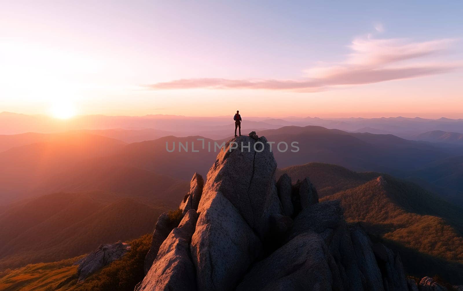 Majestic sunrise over mountain peaks with lone figure at summit.