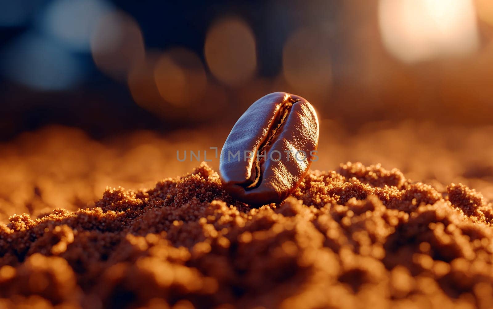 Close-up of coffee bean on ground beans with warm lighting.