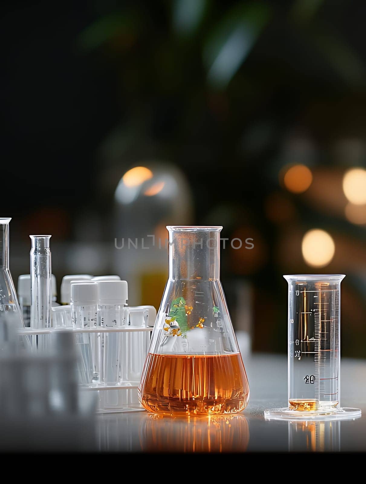 Orange liquid in laboratory flasks with bokeh effect in scientific setting.