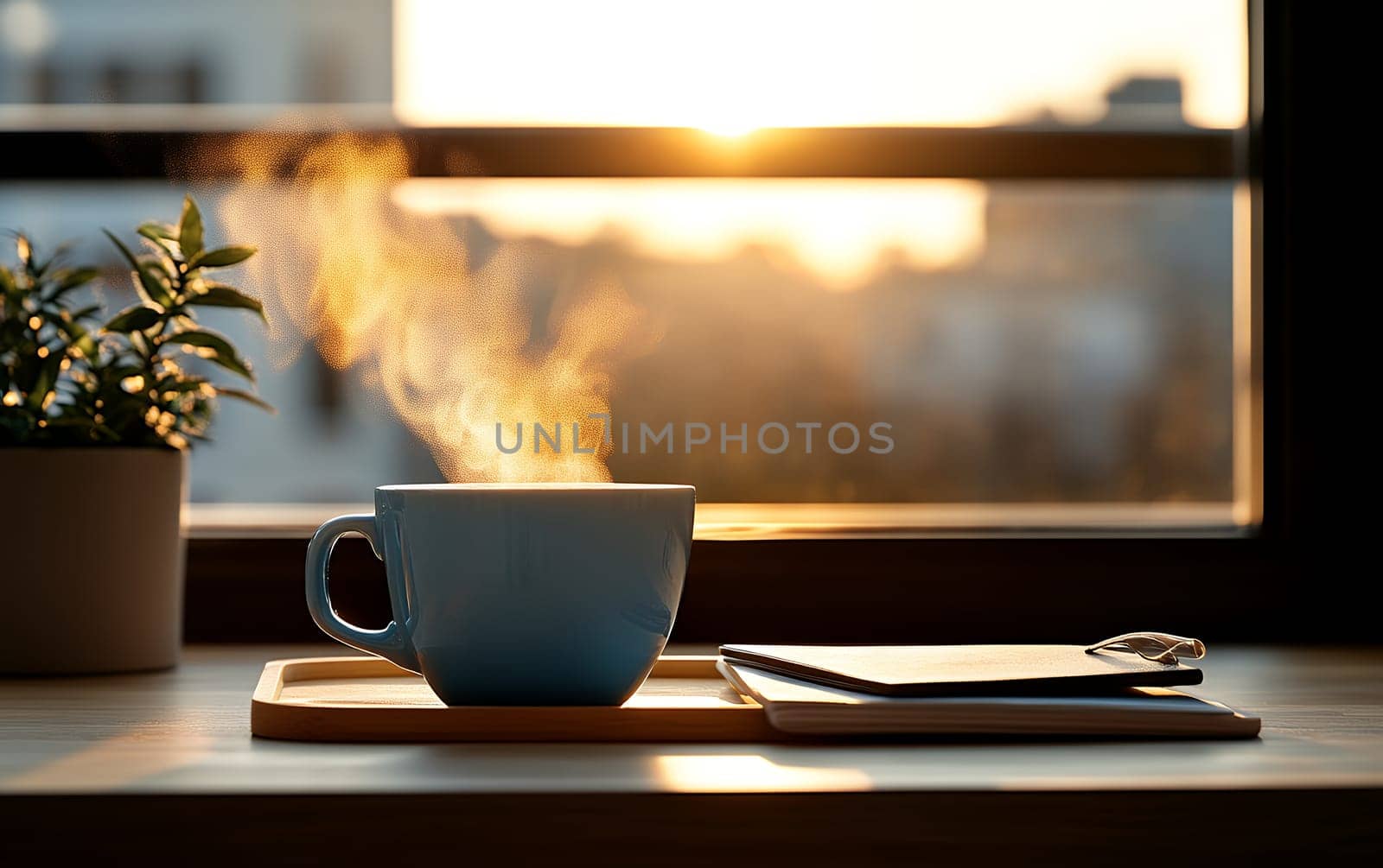 Steaming coffee cup by sunlit window with notebook and plant in morning ambiance.