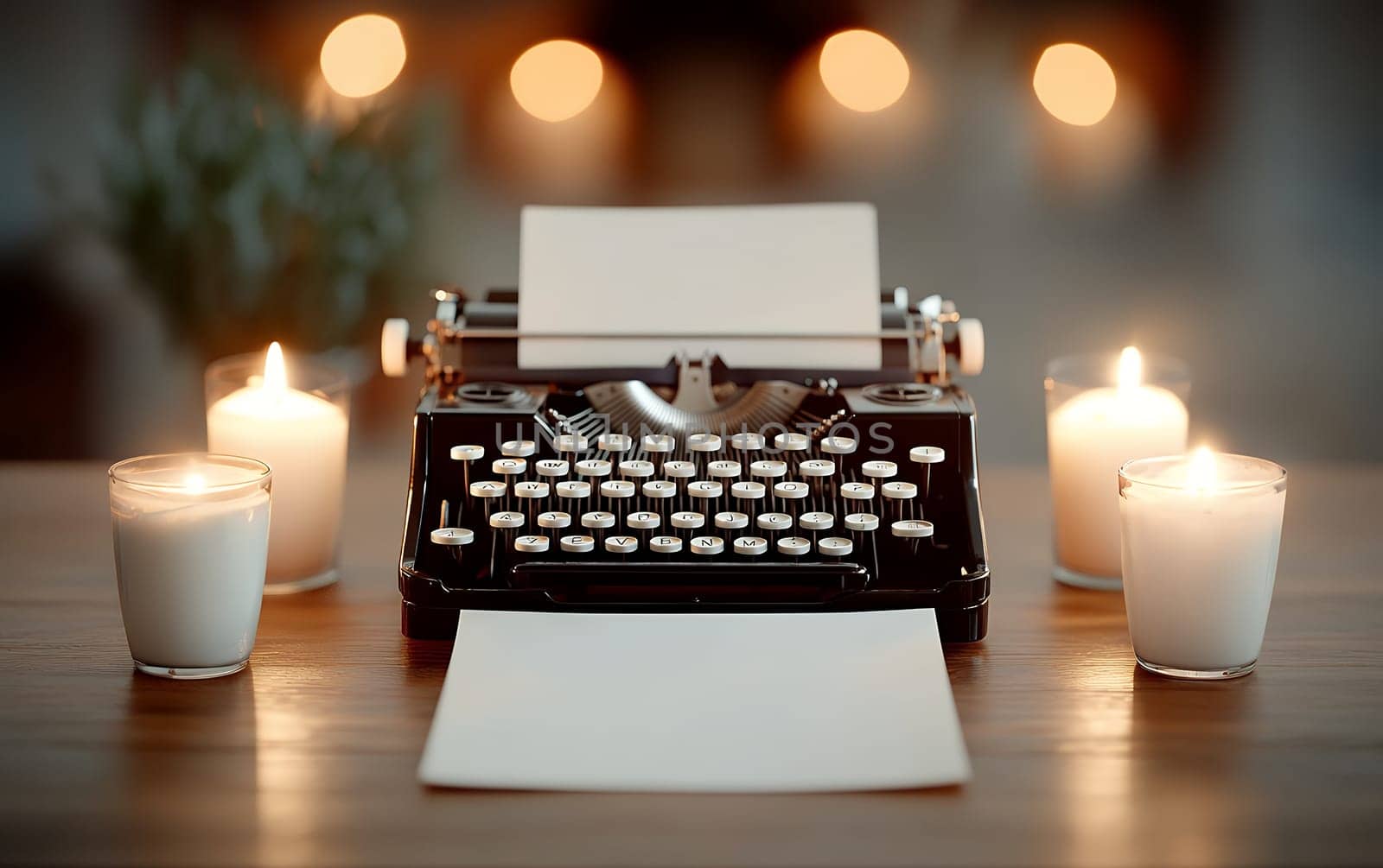 Vintage typewriter surrounded by lit candles on wooden desk.