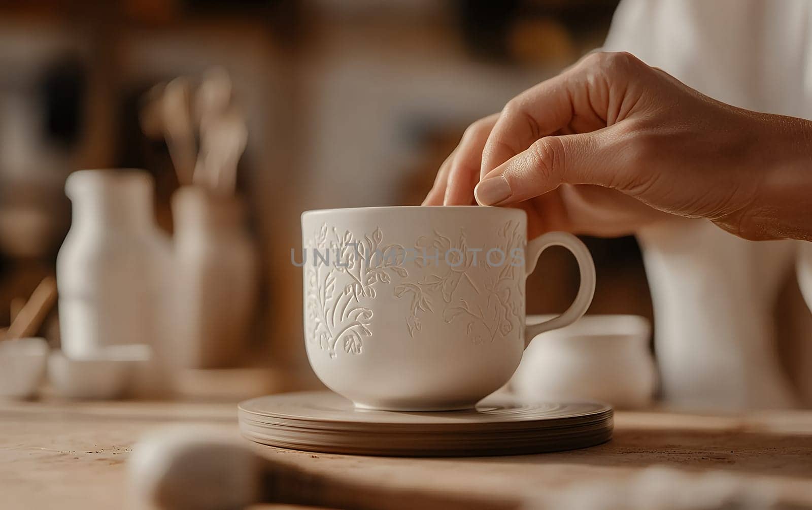 Close-up of hand holding ornate ceramic mug on wooden table.