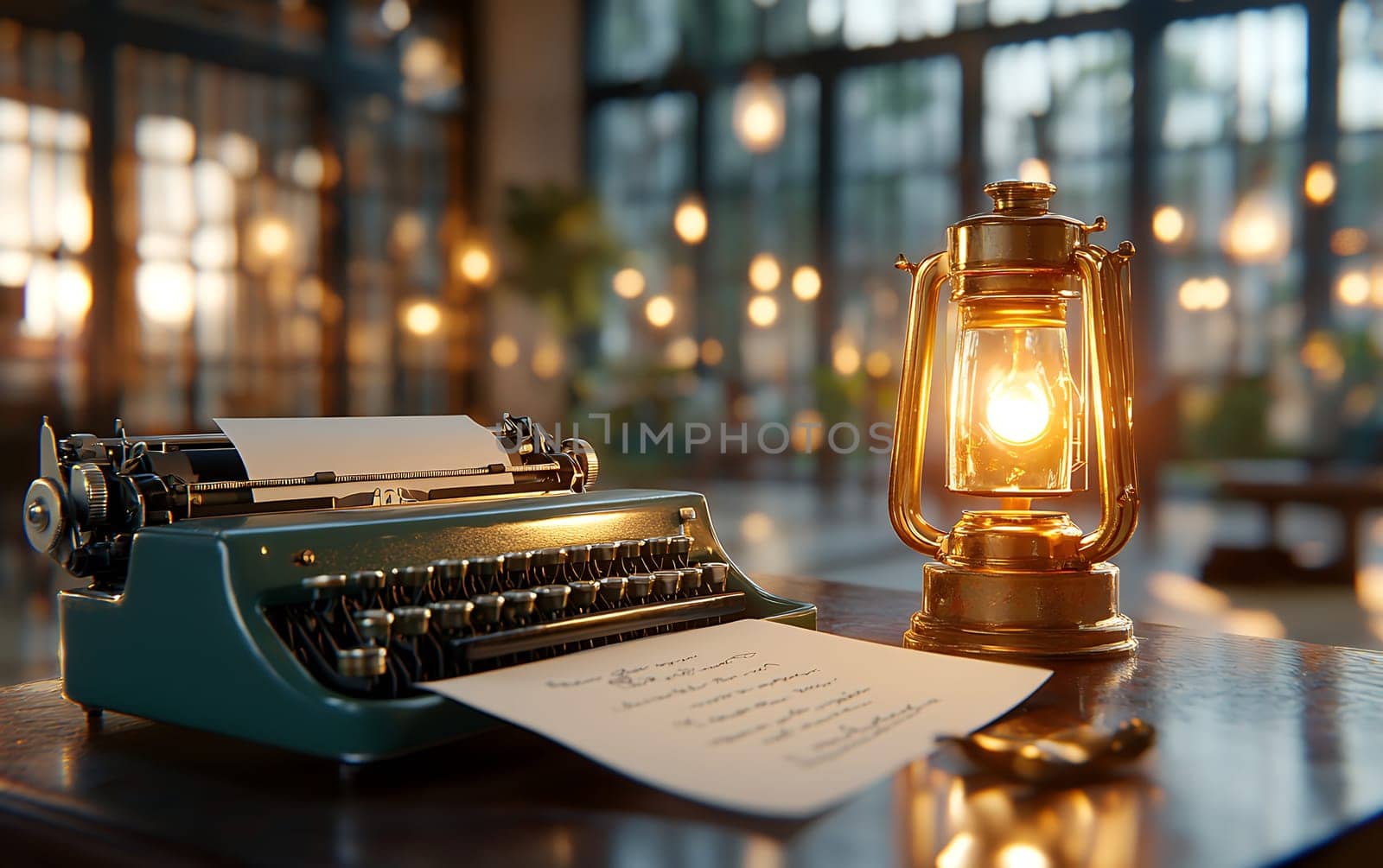 Vintage typewriter and lantern on wooden desk in cozy ambient lighting.