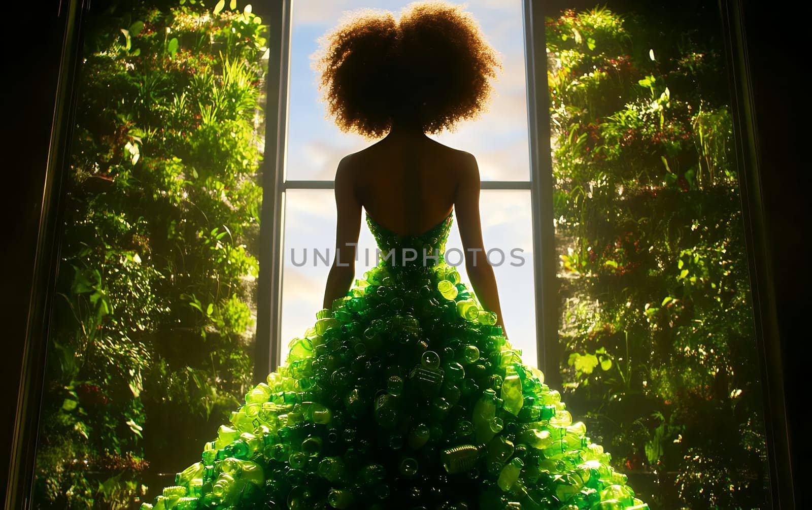 Female african adult in green dress made of recycled bottles standing by window in sunlit room.