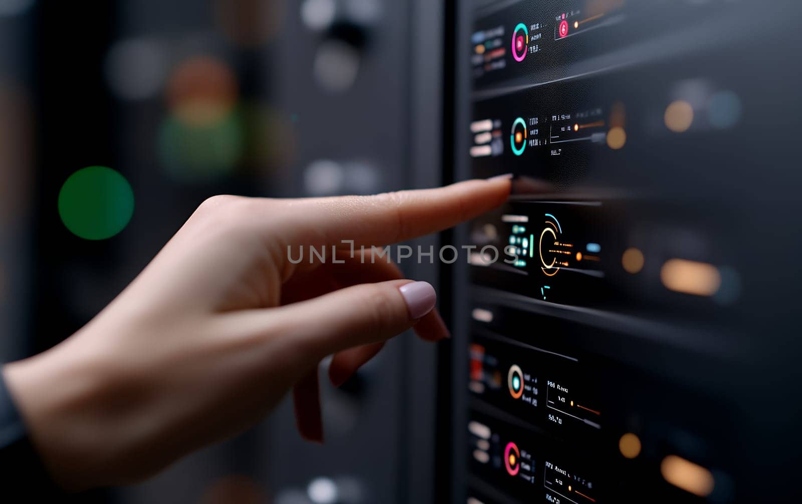 Female hand interacting with futuristic digital interface in data center environment.