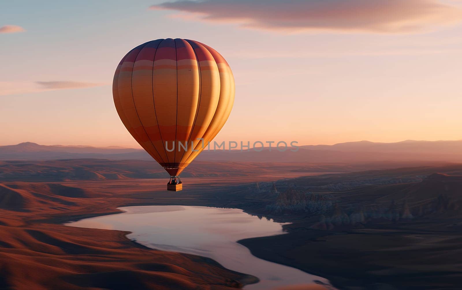 Hot air balloon soaring over serene landscape at sunrise.