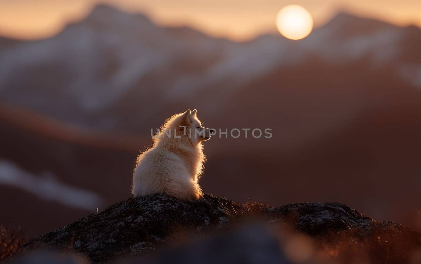 Fluffy white dog sitting on rocky mountain during sunset.