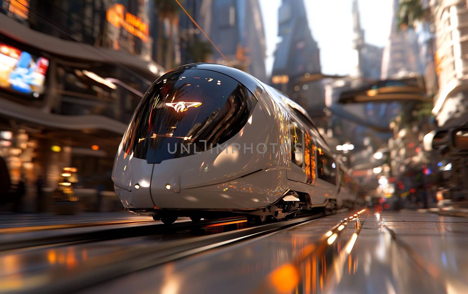 Futuristic high-speed train in vibrant urban setting with sleek design.