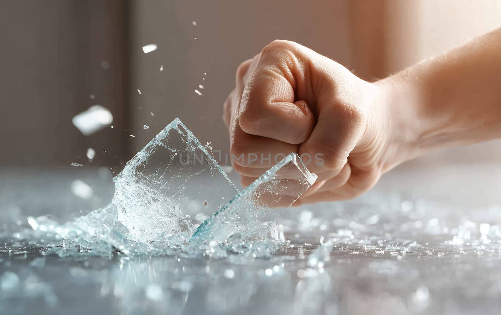 Close-up of hand punching through shattering glass with dramatic force and energy.