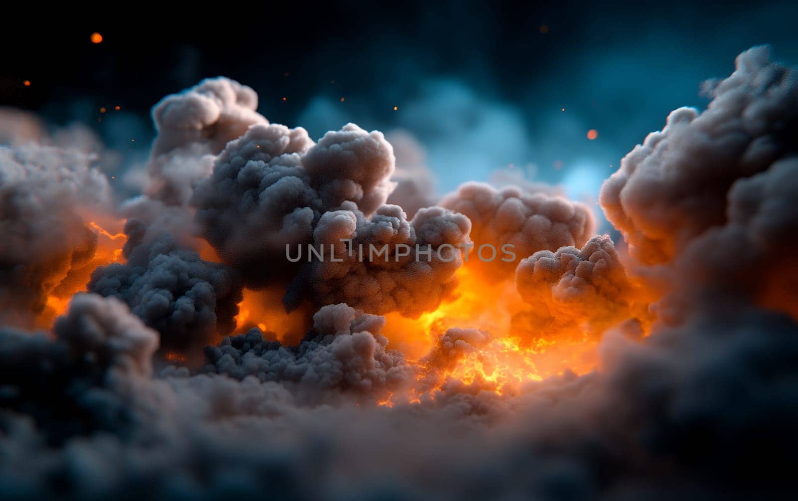 Dramatic explosion with smoke and fire clouds in sky.