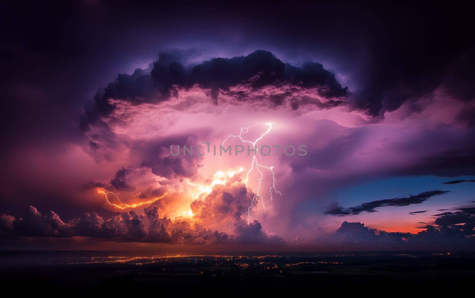 Dramatic purple and orange thunderstorm over city at dusk.