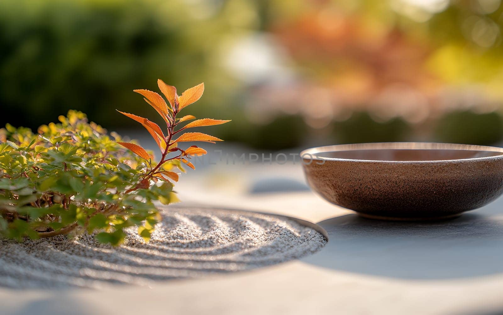 Zen garden with small plant and ceramic bowl in serene natural setting.