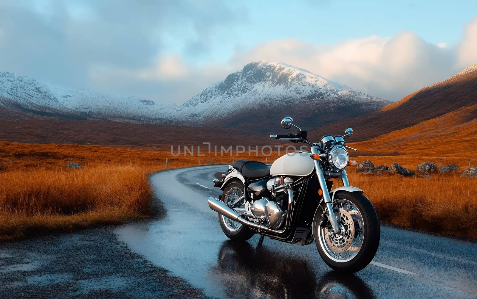 Classic motorcycle on scenic mountain road with snowy peaks and autumn landscape.