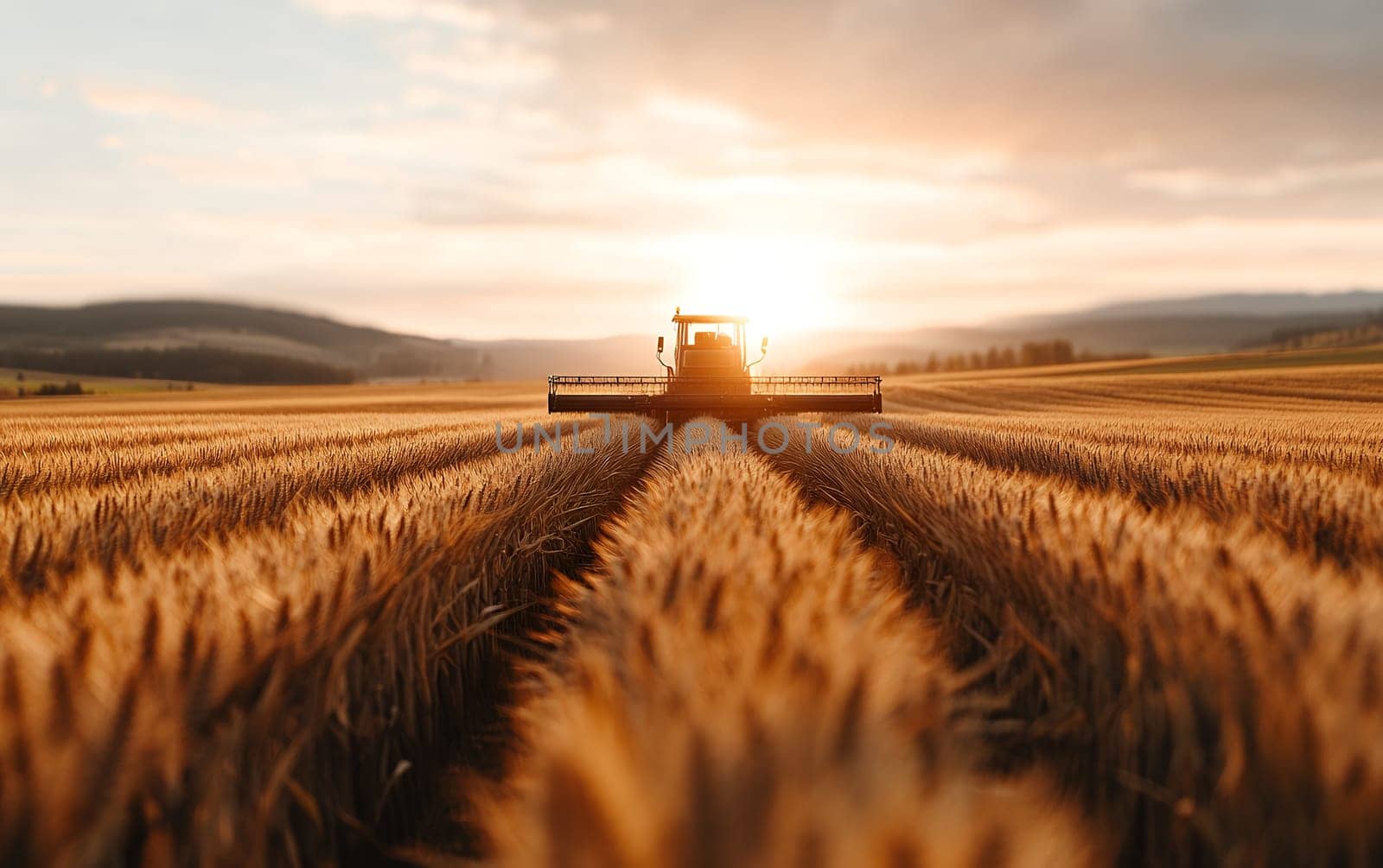 Golden wheat fields at sunset with harvesting tractor advancing through rows.