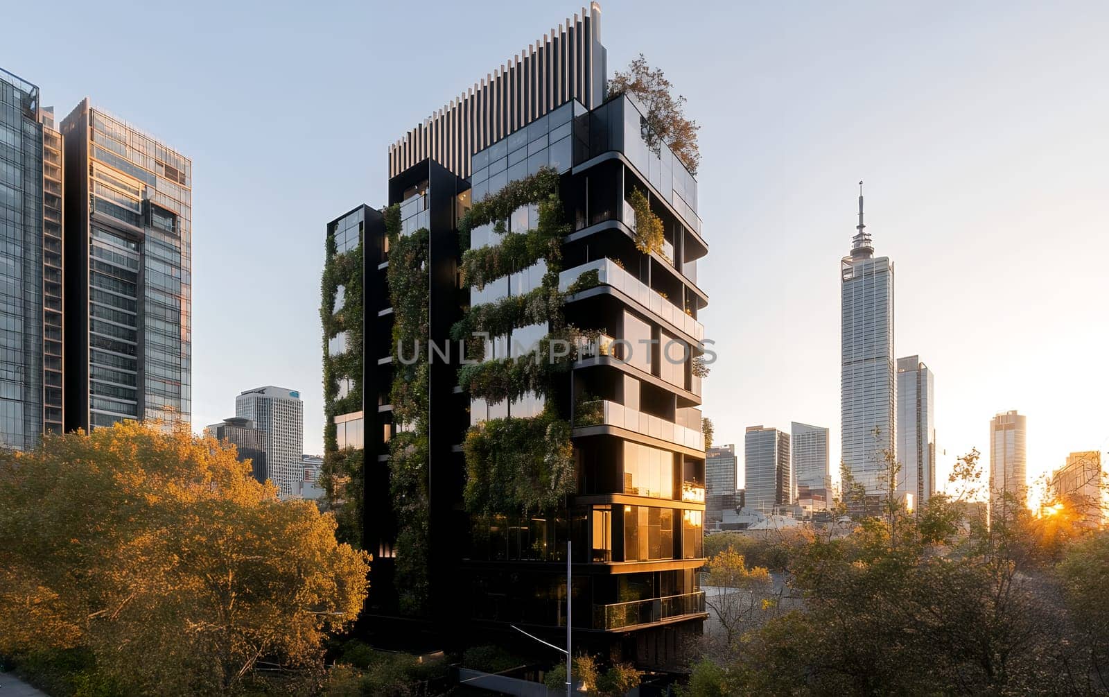 Modern eco-friendly building with vertical greenery in urban skyline at sunset.