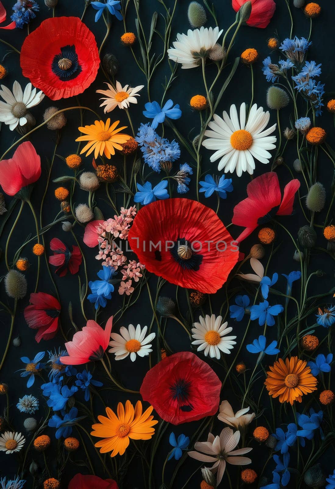 Summer wild flowers on a dark background. Selective focus.