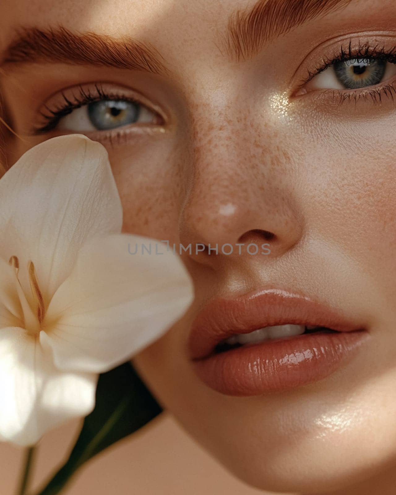 Close-up portrait of a naturally radiant woman skin, delicate freckles, and mesmerising blue eyes, holding a soft flower against a warm, peach-toned background